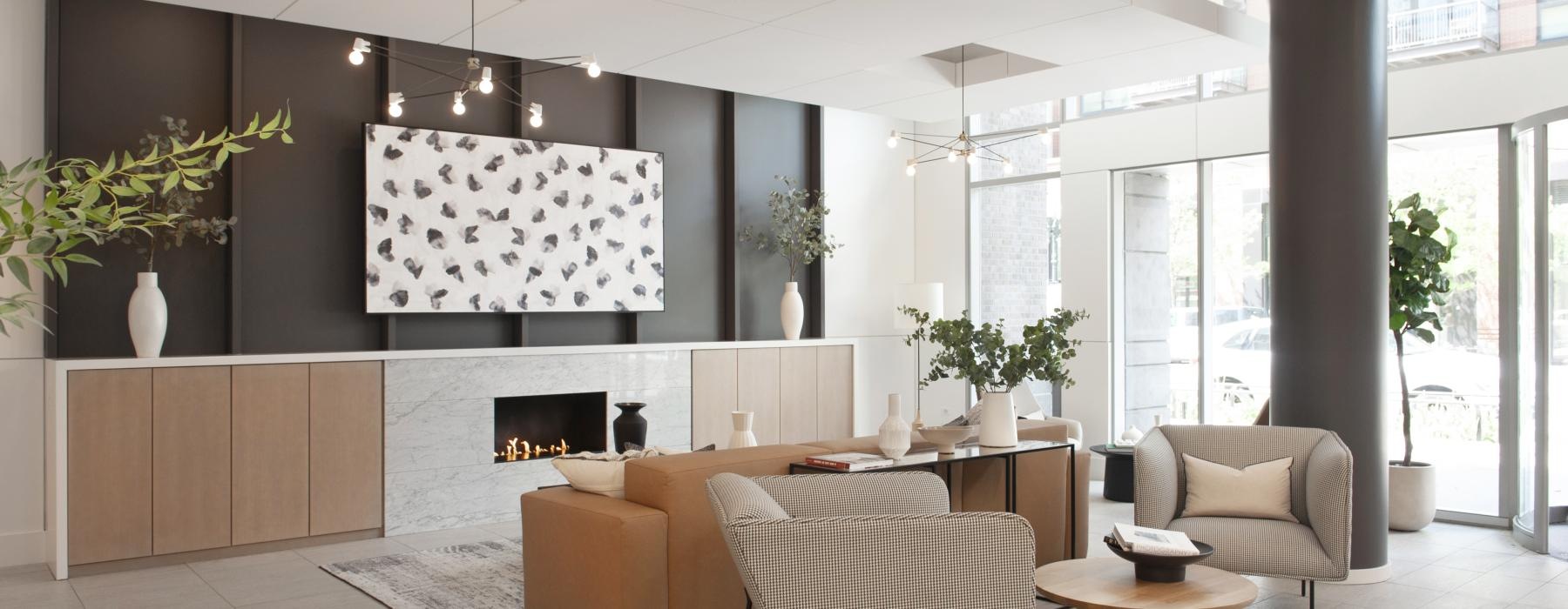 a large room with a fireplace